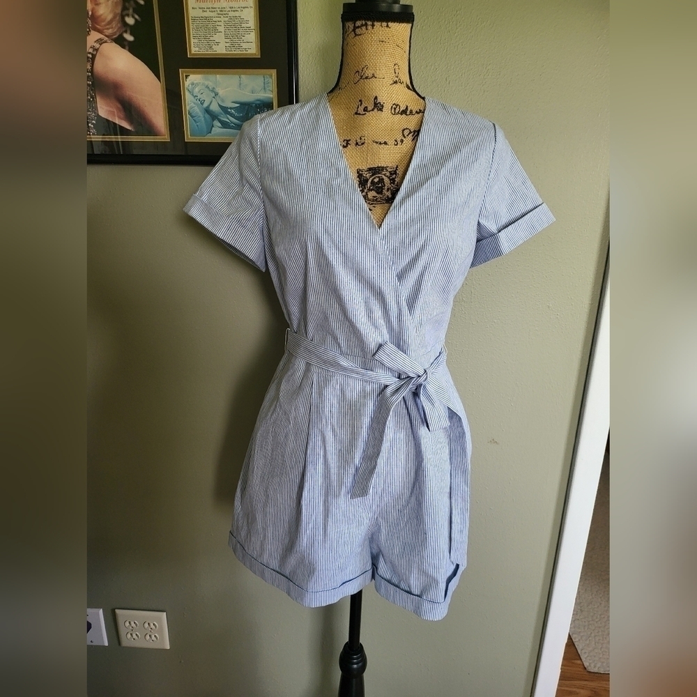 Striped Cotton-Linen Blend Romper | Banana Republic
